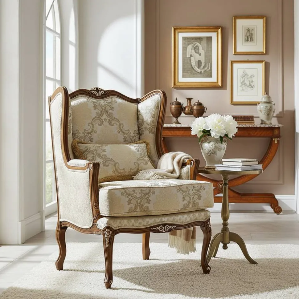 Barock Sessel in Beige und Creme gemustert - Ranaria