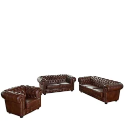 Braune Polstergarnitur aus Echtleder - Pluna (dreiteilig)