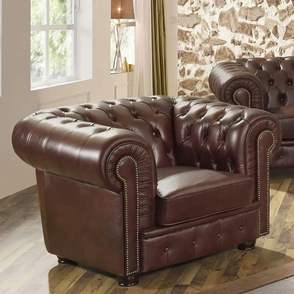 Brauner Ledersessel im Chesterfield Look - Pluna
