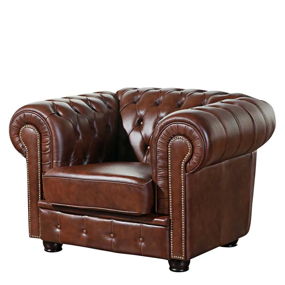 Brauner Ledersessel im Chesterfield Look - Pluna