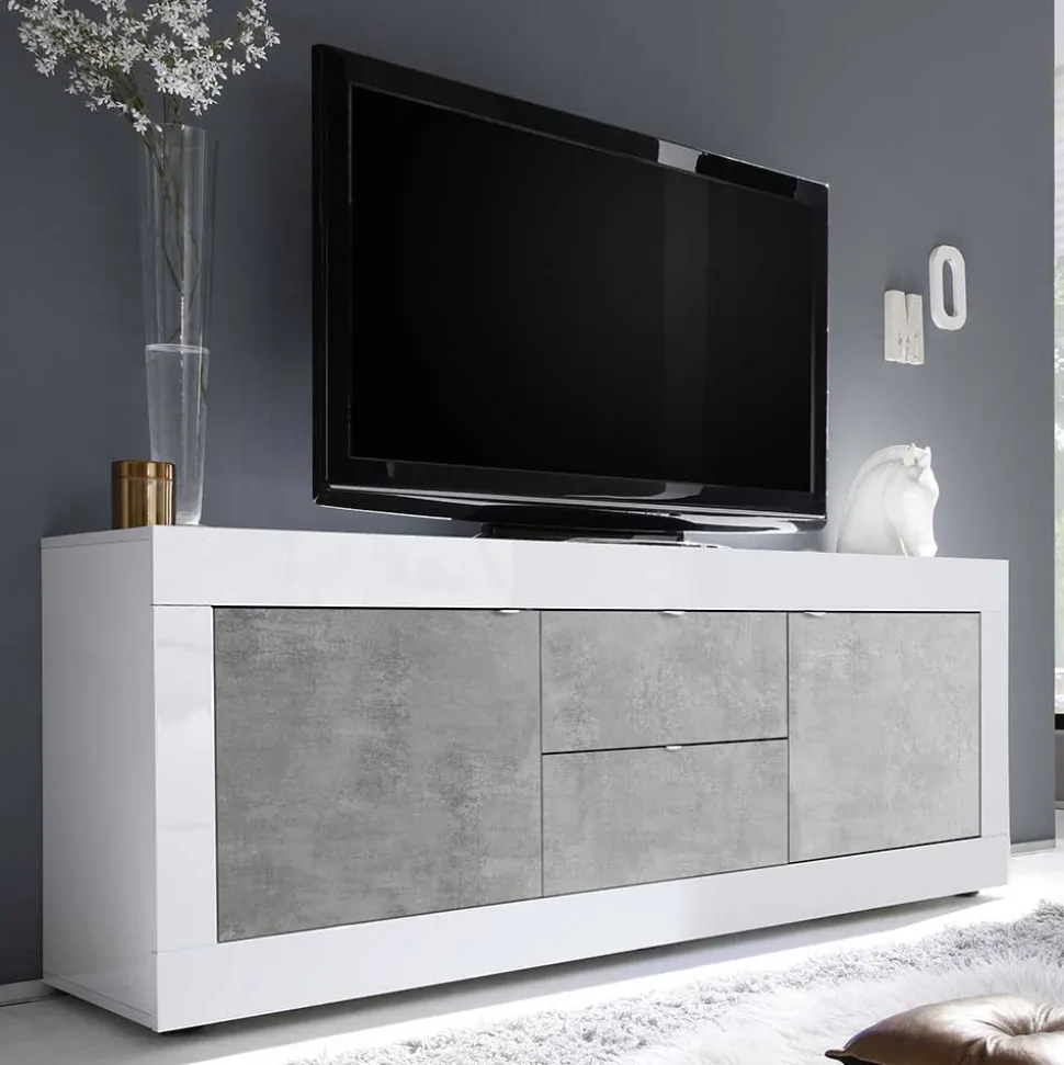 Breites TV Board in Weiß HG & Betonoptik - Narandu