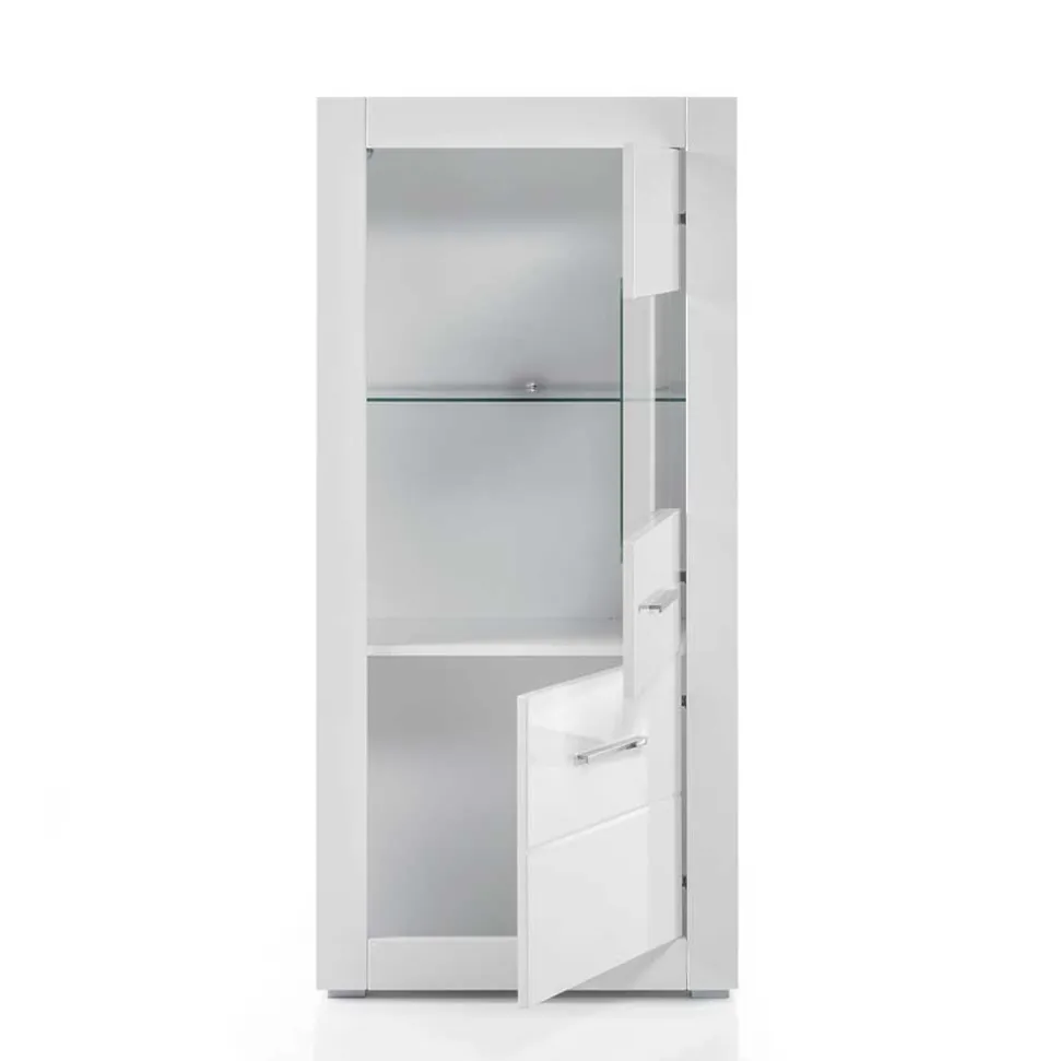 280cm breite Schrankwand in Weiß Hochglanz Yulis optional mit LED (vierteilig)