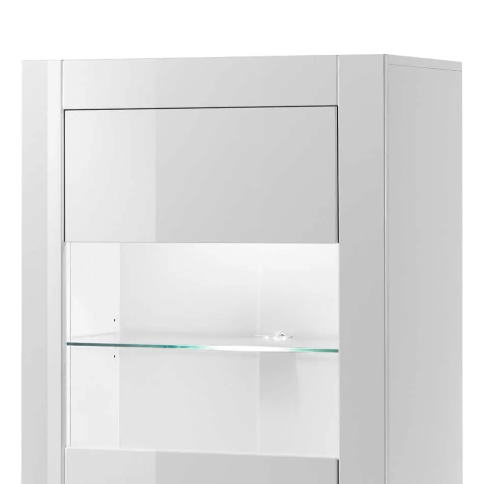 142cm hohe Vitrine in Hochglanz Weiß Yulis 2-türig mit Glaseinsatz