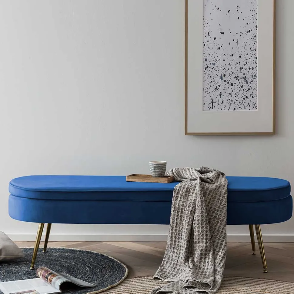 Design Polsterbank in Blau Samt & Gold Metall - Dotagon