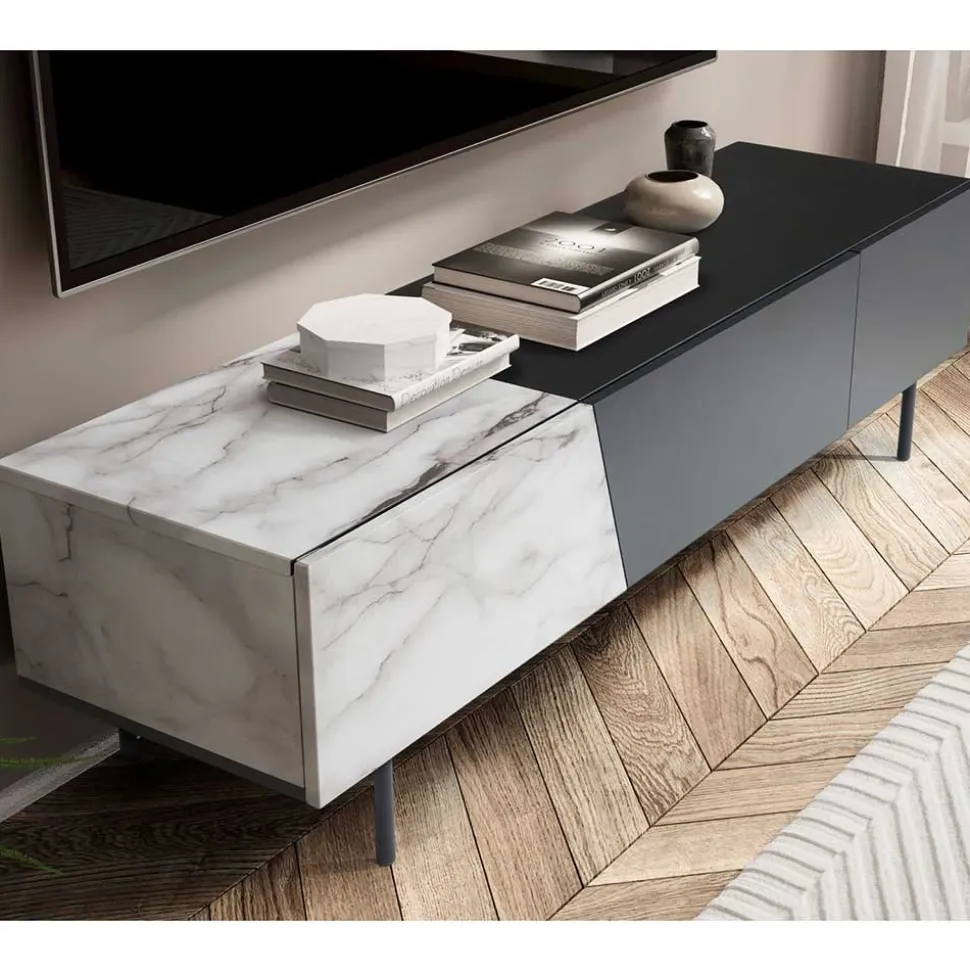 Design TV Board im Marmor Optik und Schwarz - Gumerus