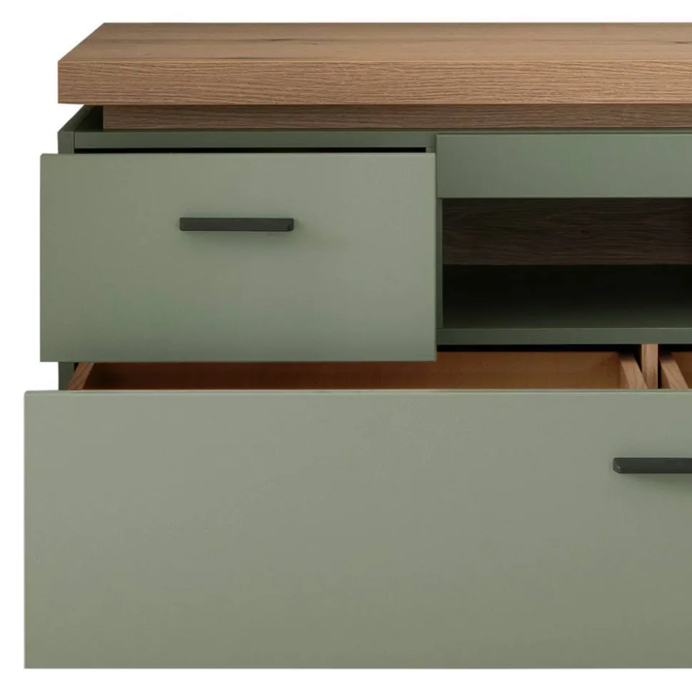 Design Wohnwand in Graugrün und Eiche - Kwin (dreiteilig)