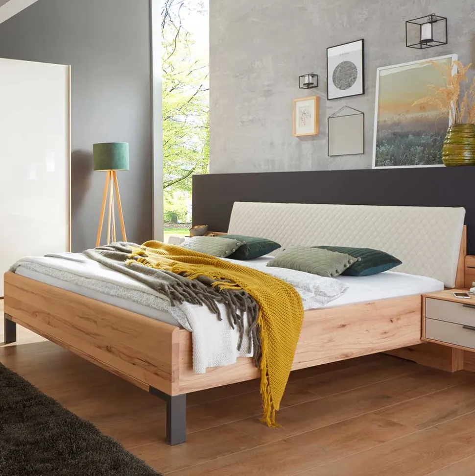 Doppelbett aus Kernbuche mit Polsterkopfteil - Krofun
