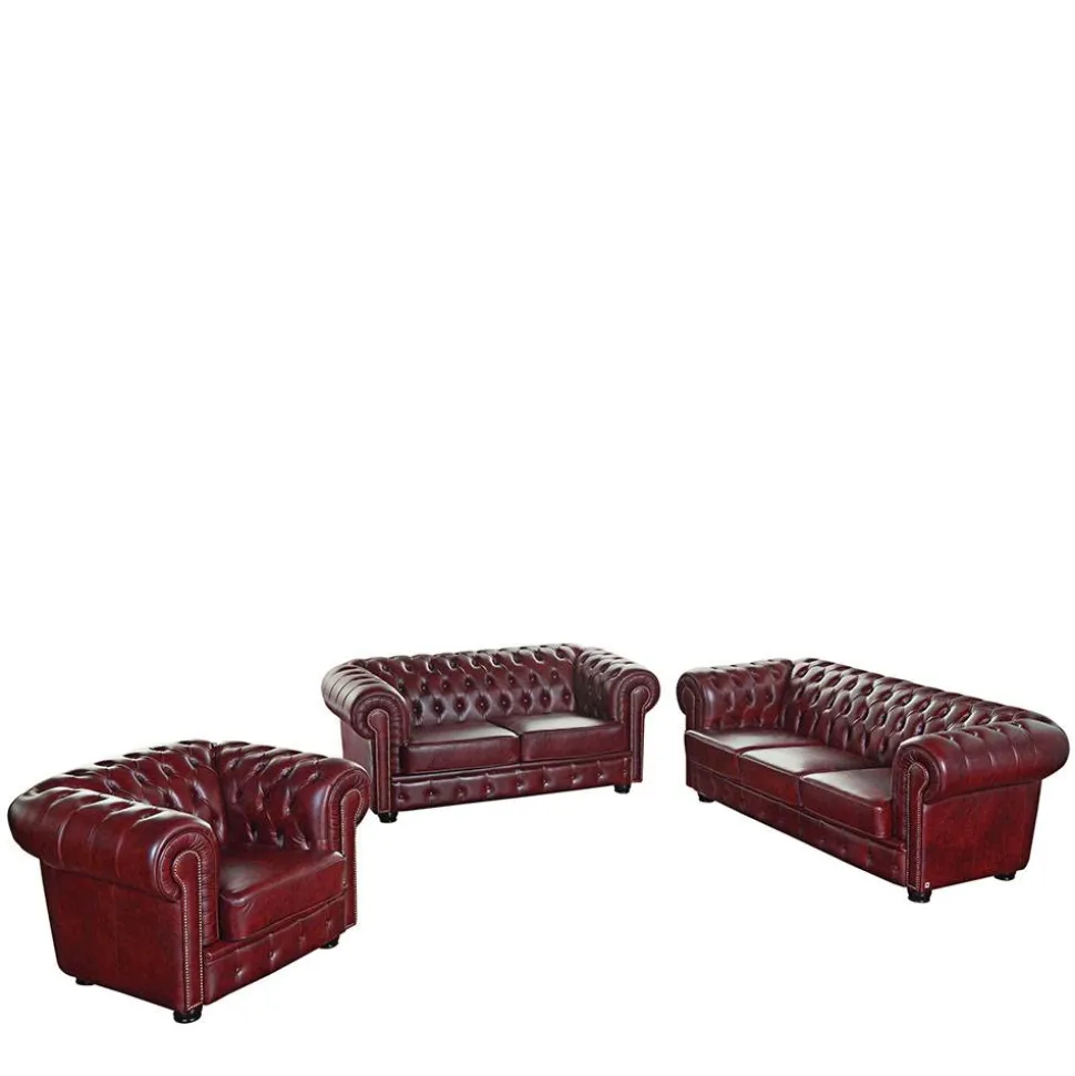 Dunkelrote Ledergarnitur im Chesterfield Look - Tuguda (dreiteilig)