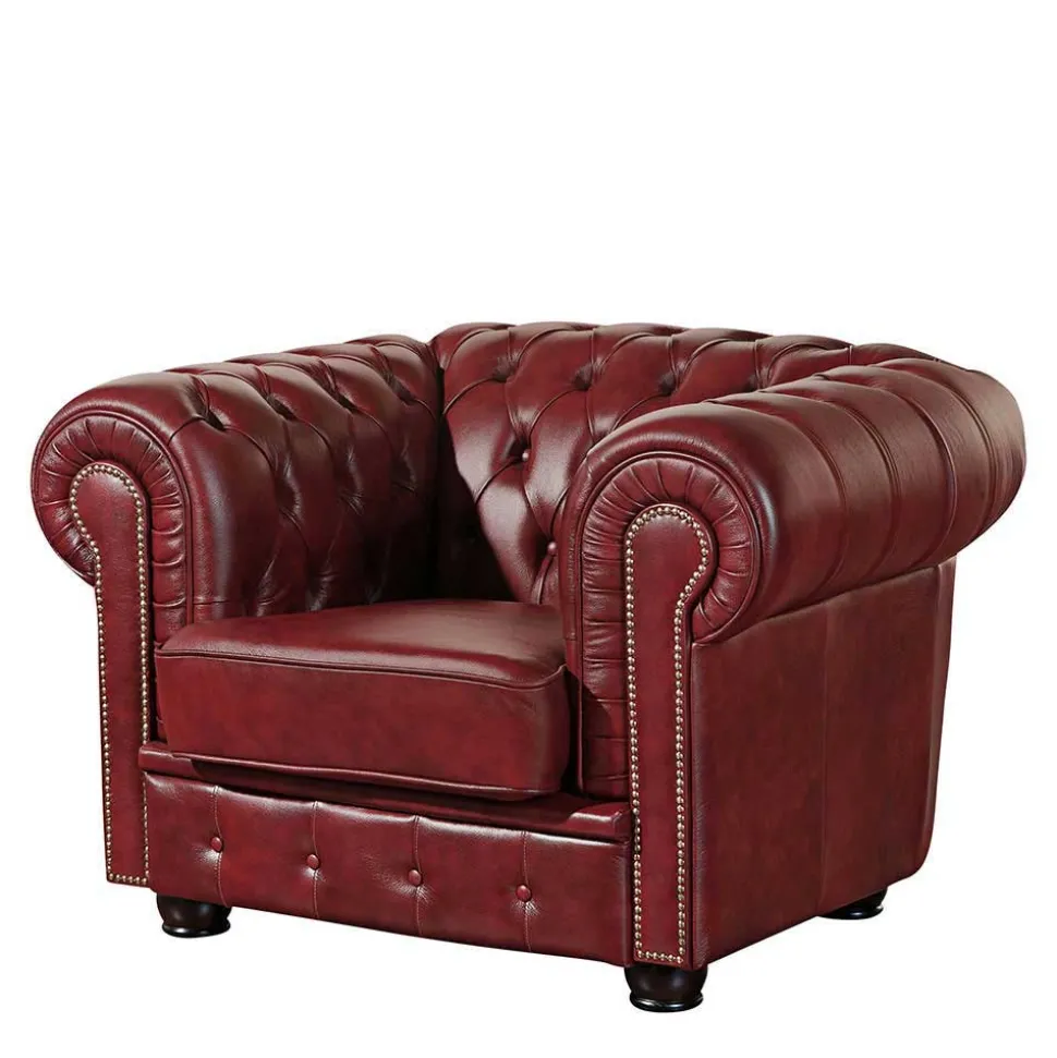 Dunkelrote Ledergarnitur im Chesterfield Look - Tuguda (dreiteilig)