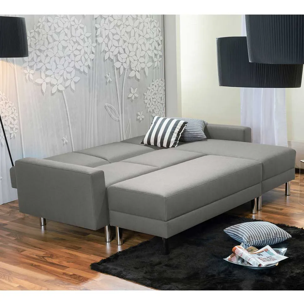 Ecksofa mit Hocker in Hellgrau mit Chrom - Setians (zweiteilig)