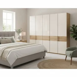 Glasfront Kleiderschrank in Beige & Eiche - Emdsiva