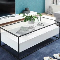 Glas-Sofatisch mit zwei Schubladen und Ablage - Nastoria