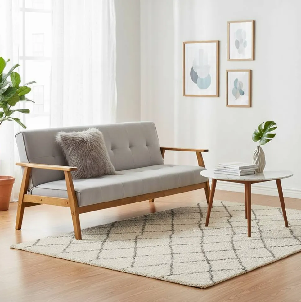 Graues Sofa mit Holzgestell Eiche - Florynn