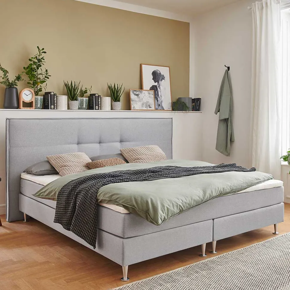 H3 Boxspringbett in Hellgrau Stoff & Chrom - Tuwedia