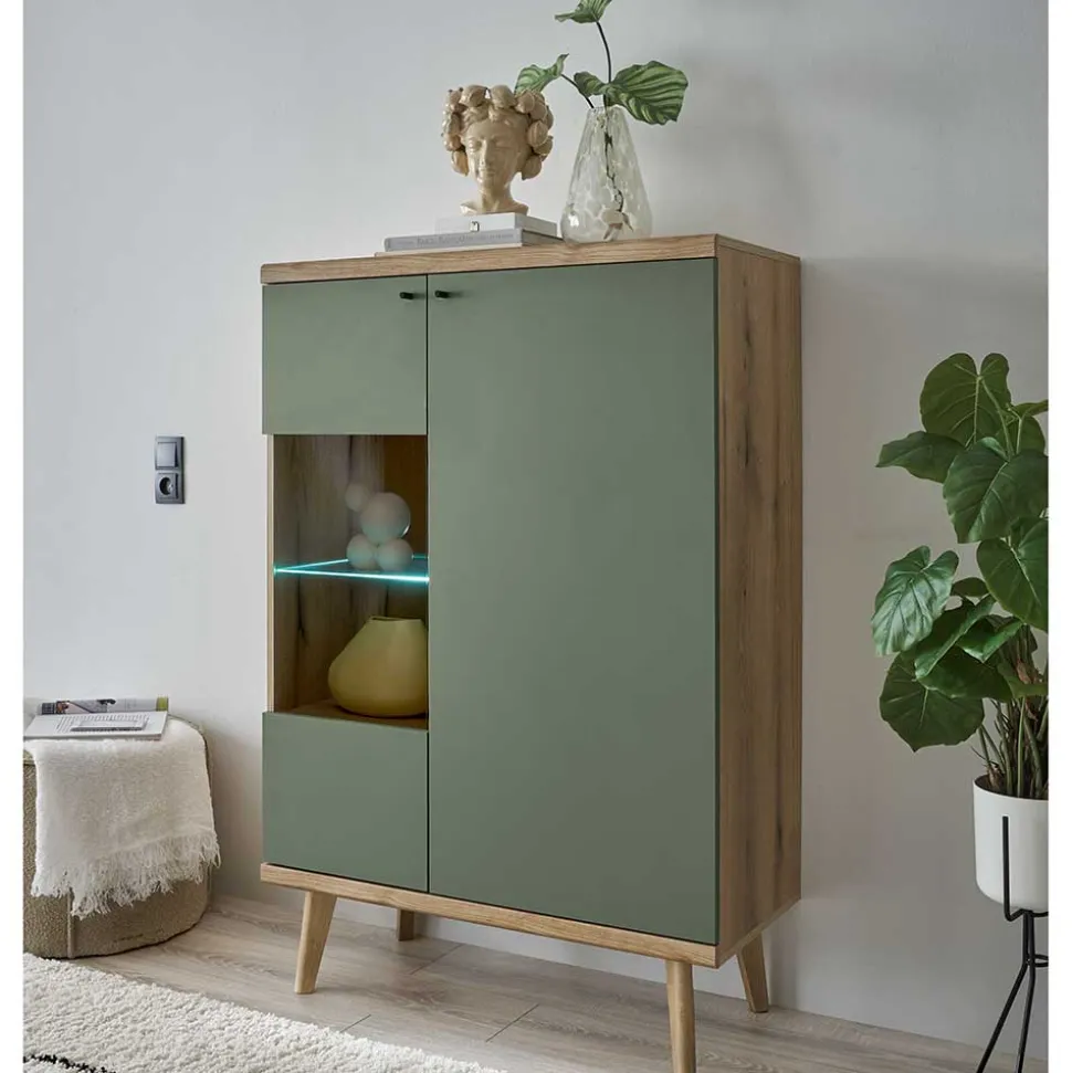 Highboard in Graugrün und Wildeiche - Oliva