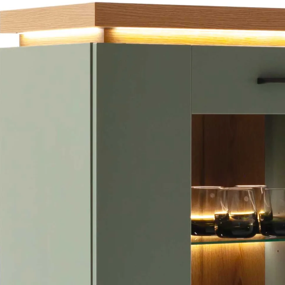 Highboard Vitrine in Graugrün und Eiche - Kwin