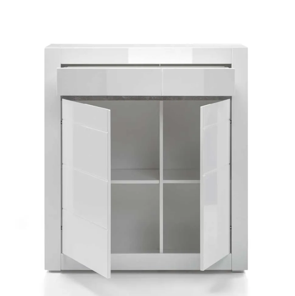Hochglanz Highboard in Weiß Mextra mit Absetzung in Beton Optik