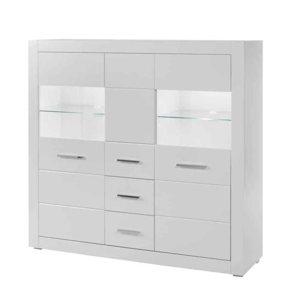 Hochglanz Highboard in Weiß mit Glas Yulis 3-türig