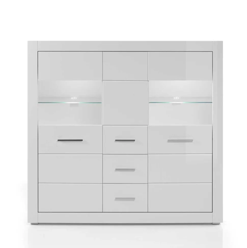 Hochglanz Highboard in Weiß mit Glas Yulis 3-türig