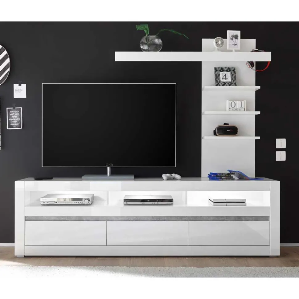 Hochglanz Lowboard fürs TV in Weiß Mextra mit 3 Schubladen