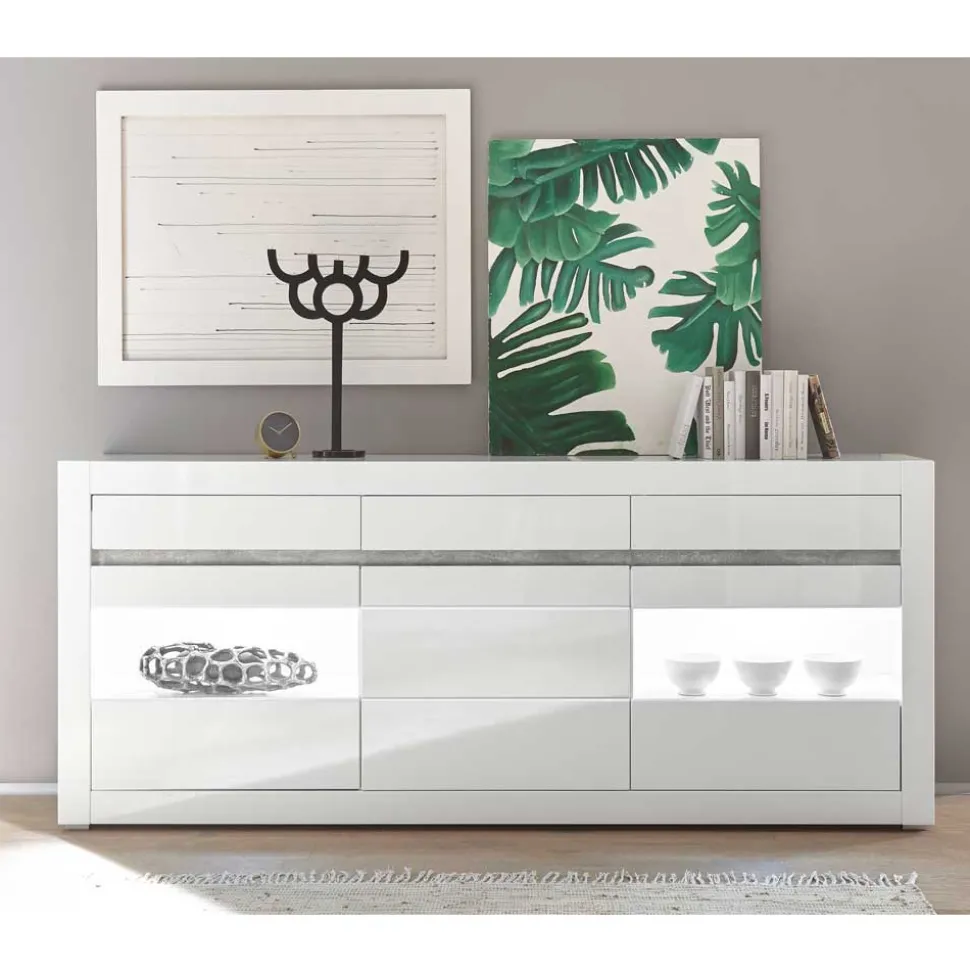 Hochglanz Sideboard in Weiß mit 2 Glaseinsätzen Mextra & Beton Dekor
