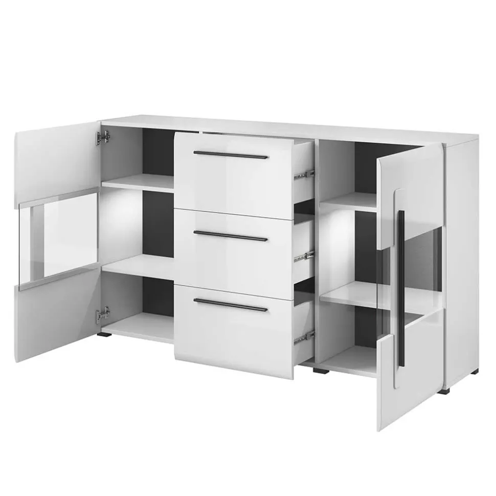 Hochglanz Sideboard mit Glas in Weiß - Baranoma