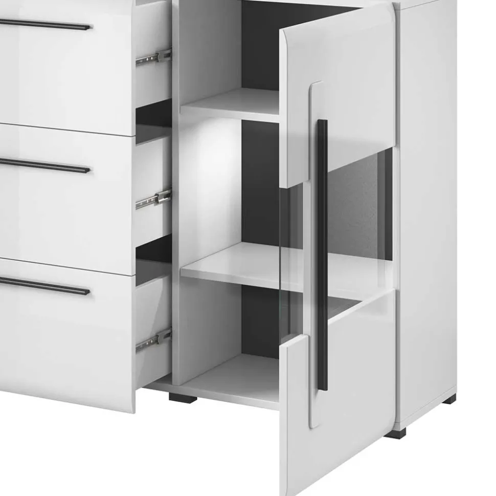 Hochglanz Sideboard mit Glas in Weiß - Baranoma