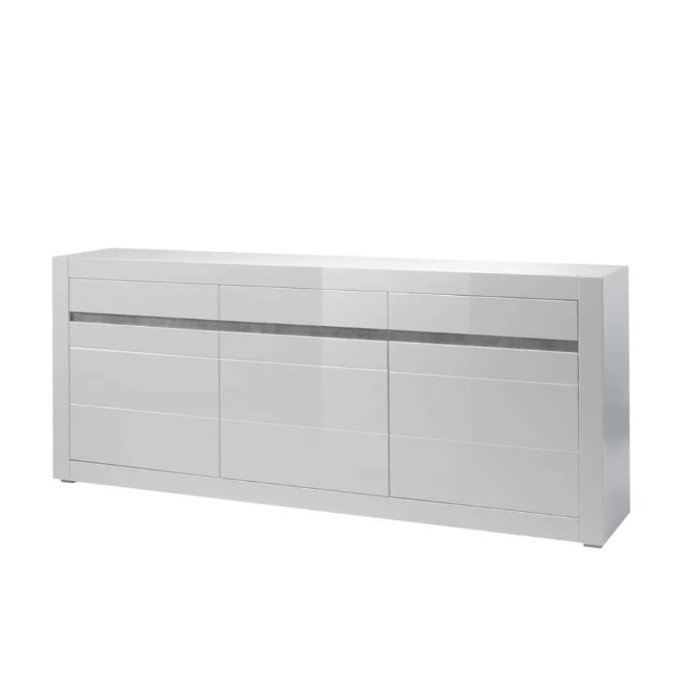 Hochglanz Wohnkombination in Weiß Mextra mit Beton Dekor & Glas (vierteilig)