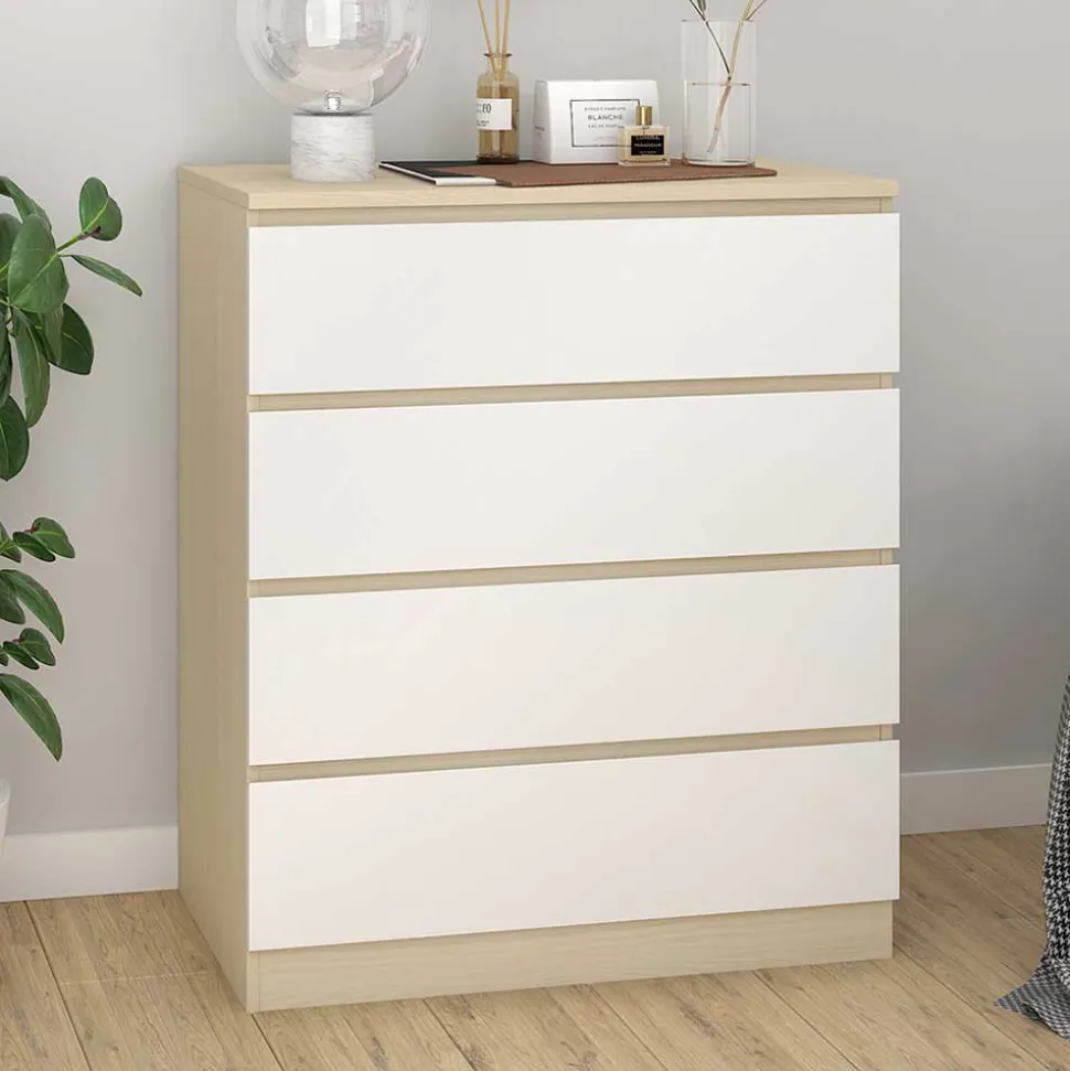 Hohe Kommode in Weiß Hochglanz & Natur - Finnca