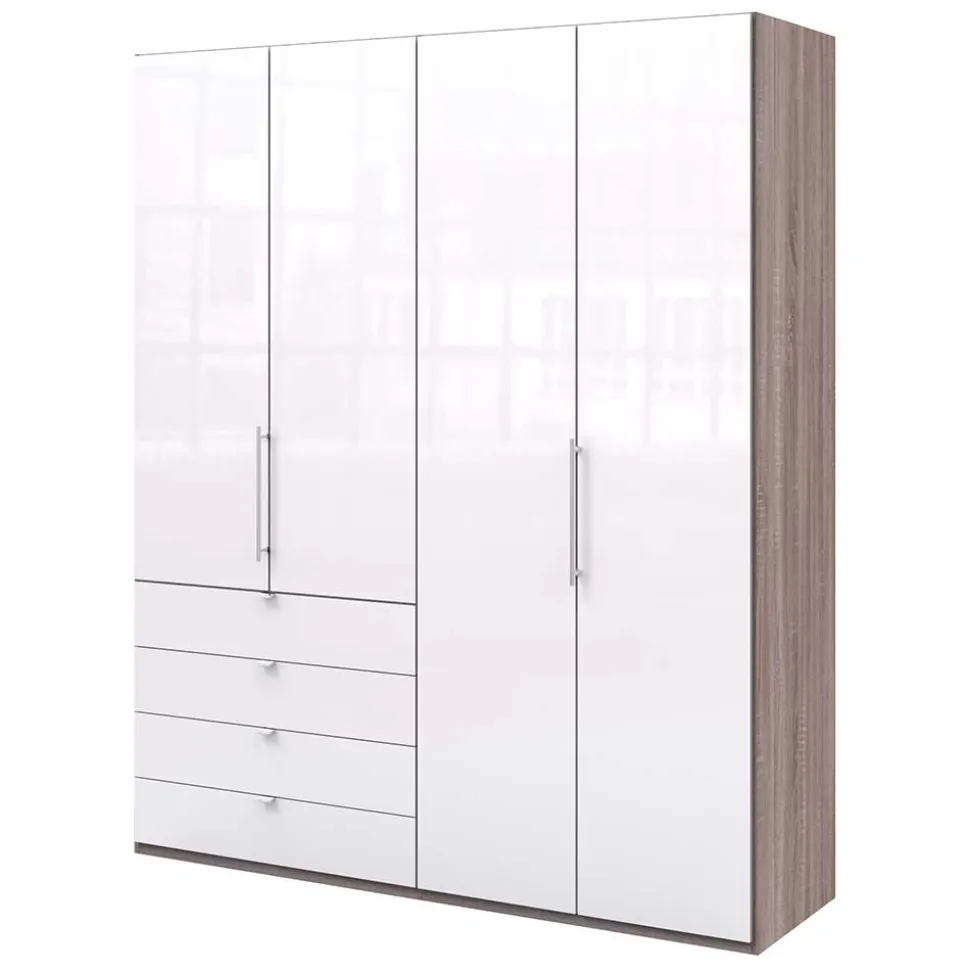Hoher Kleiderschrank in Weiß Glas & Eiche Dunkel - Empresian