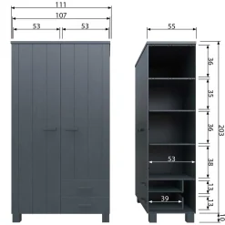 Kiefernholz Kleiderschrank in Grau dunkel - Isnos I