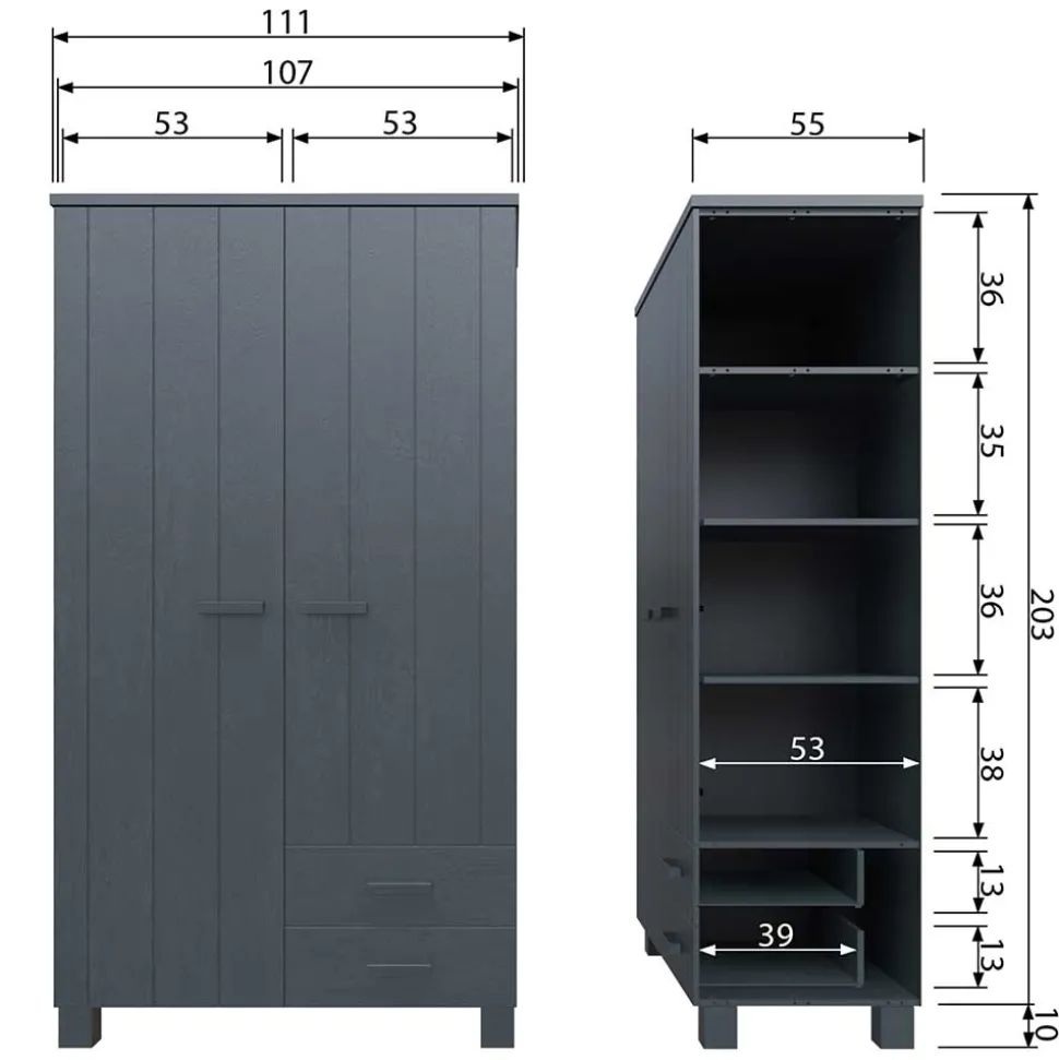 Kiefernholz Kleiderschrank in Grau dunkel - Isnos I