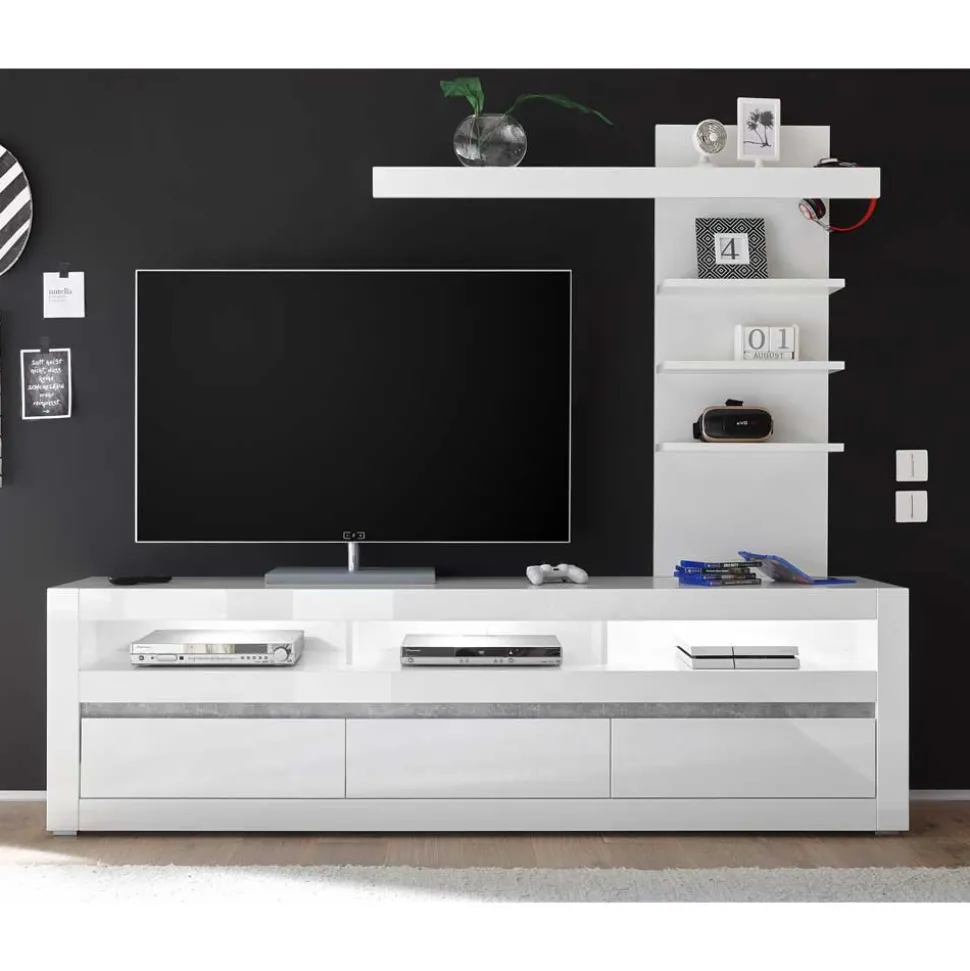 Kompakte TV Wand in Weiß Hochglanz Mextra mit Lowboard (zweiteilig)