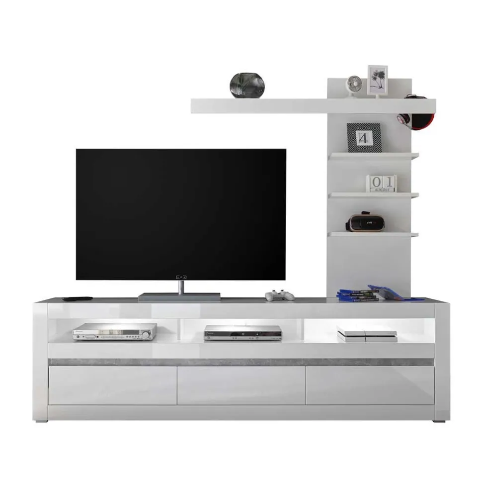 Kompakte TV Wand in Weiß Hochglanz Mextra mit Lowboard (zweiteilig)