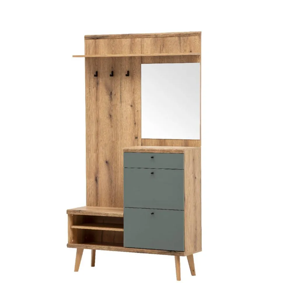 Kompakt-Garderobe in Eiche Optik und Graugrün - Oliva