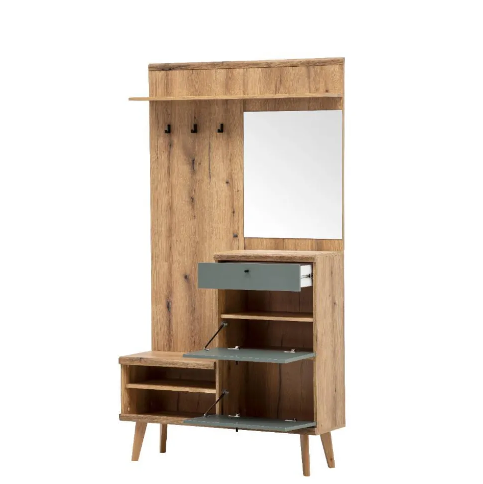 Kompakt-Garderobe in Eiche Optik und Graugrün - Oliva