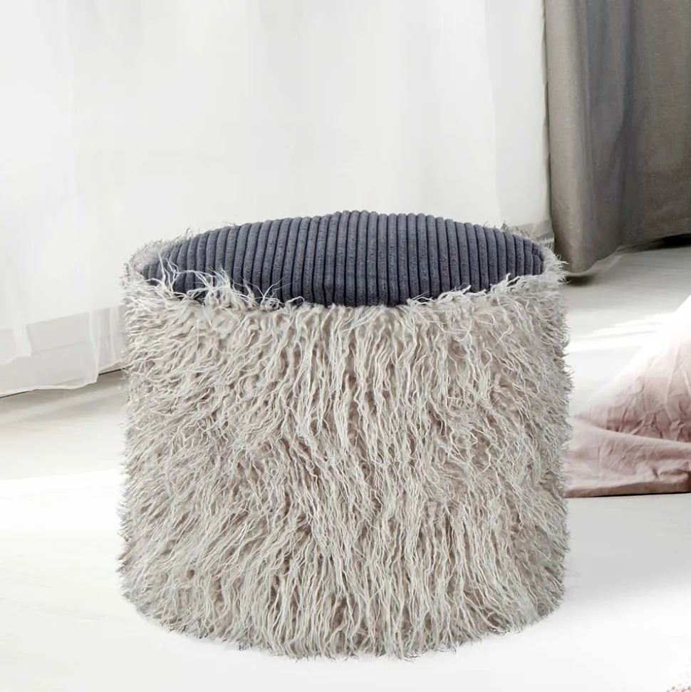 Kunstfell Pouf in Hellgrau mit Cord Dunkelgrau - Valbera