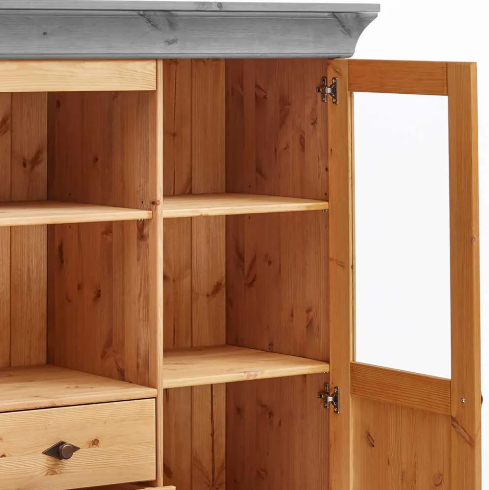 Landhaus Highboard mit Glas aus Kiefer - Eshelas