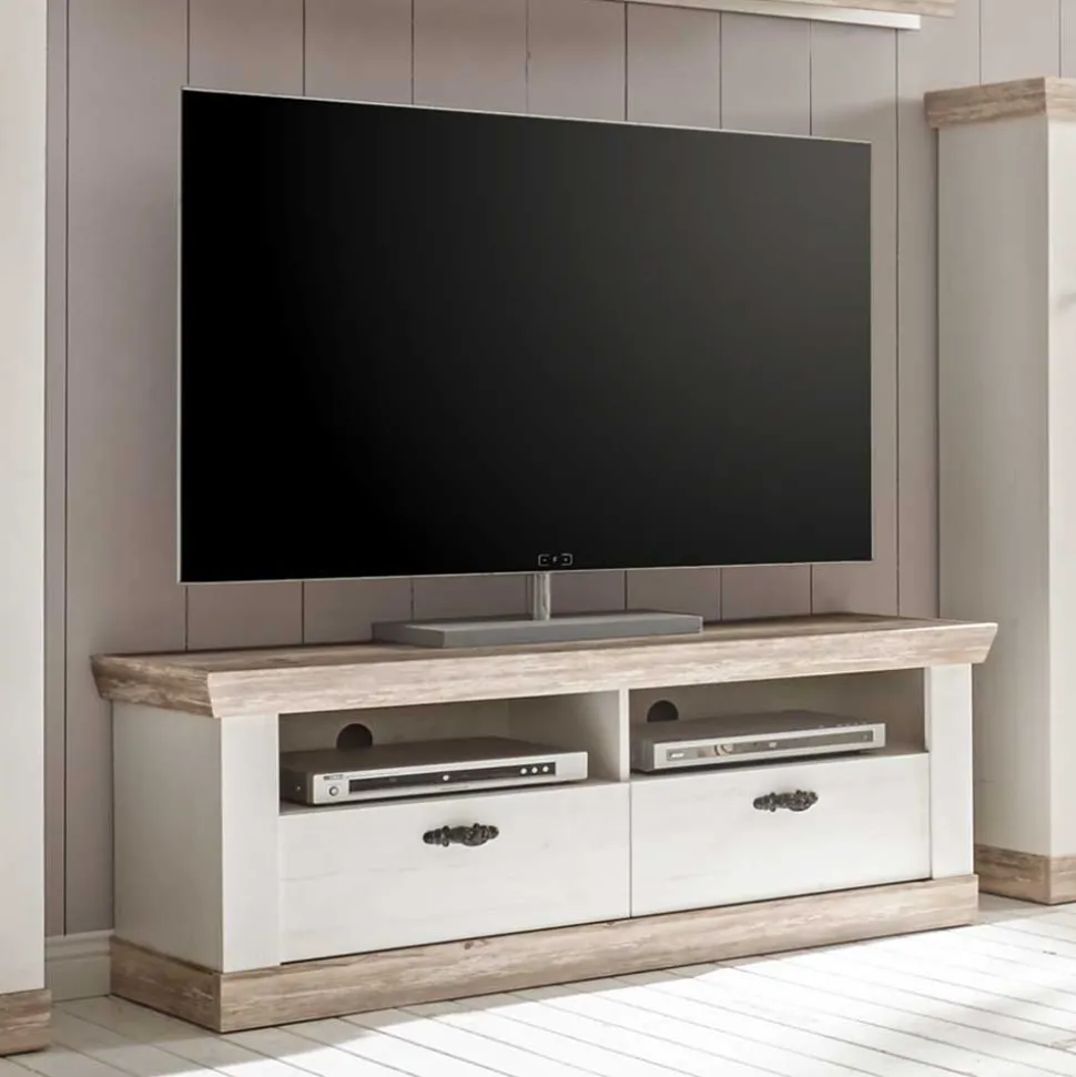 Landhaus TV Element in Weiß & Pinie Shabby Nedita mit 2 Schubladen