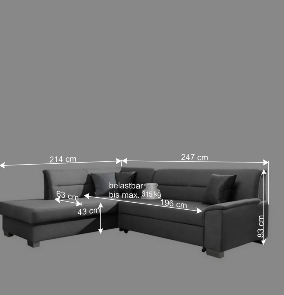 L-Design Funktionscouch in Dunkelgrau - Silecta