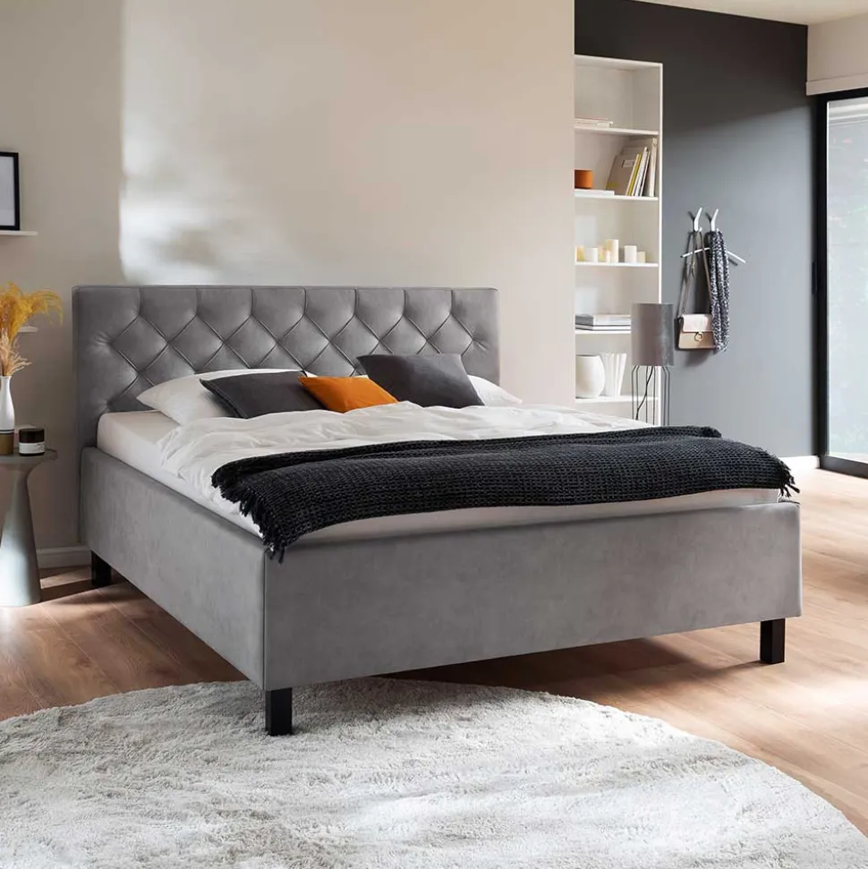 Modernes Stoffbett mit Bettkasten in Hellgrau - Villaro
