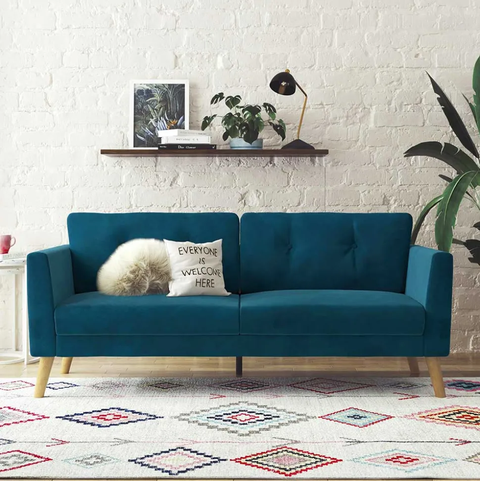 Retro Look Samtsofa in Blau - Vletko