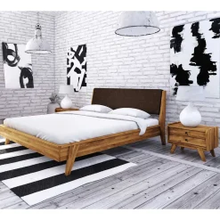 Retrobett aus Wildeiche & Kunstleder - Hardus (dreiteilig)