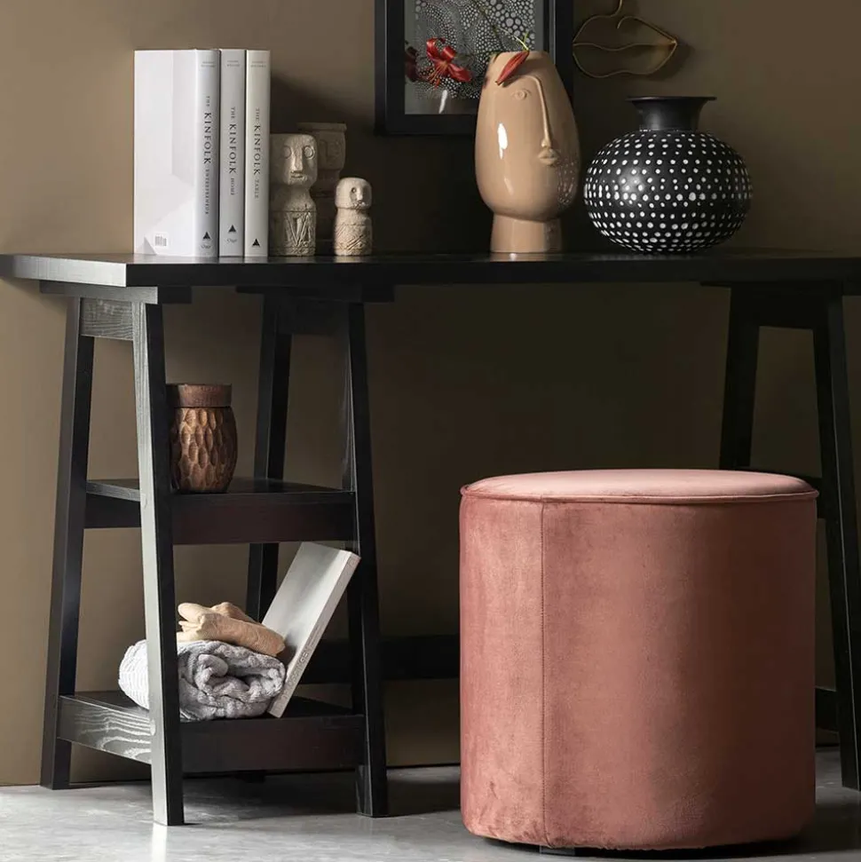 Runder Samt Polsterhocker in Rosa - Bados