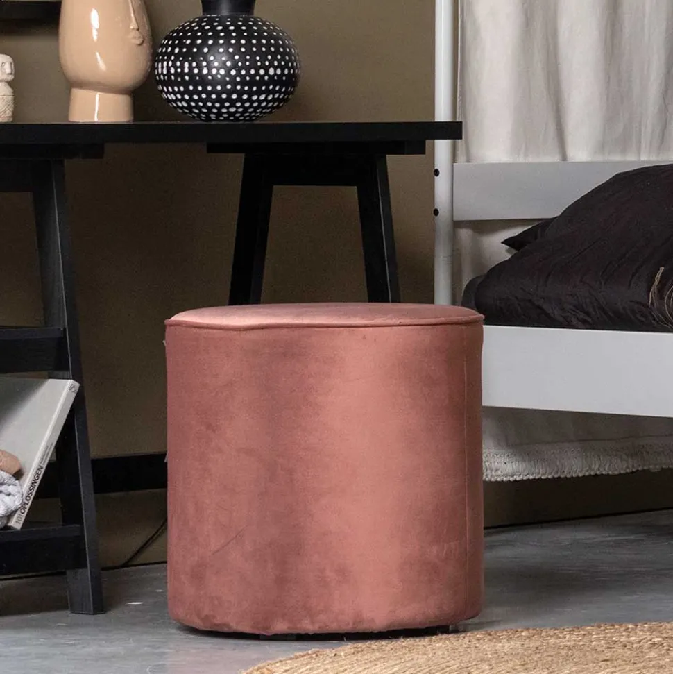 Runder Samt Polsterhocker in Rosa - Bados