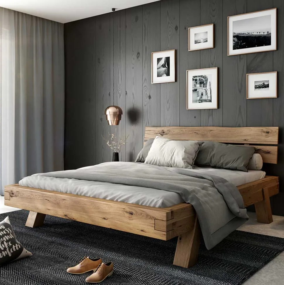 Rustikal-modernes Bett aus Asteiche Massivholz - Raistan