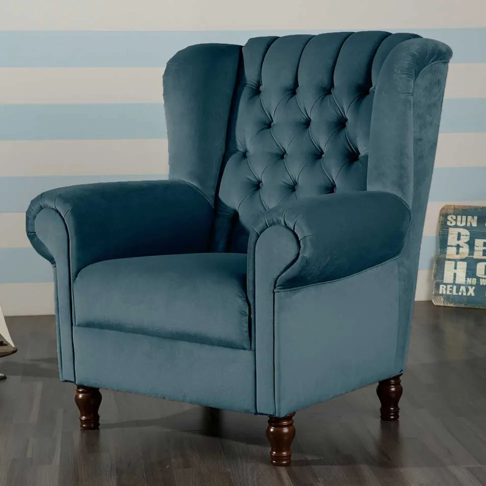 Samtvelours Chesterfield-Polstersessel in Petrol - Varescan