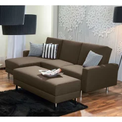 Schlafcouch mit Hocker in Beigegrau mit Chrom - Defelira (zweiteilig)