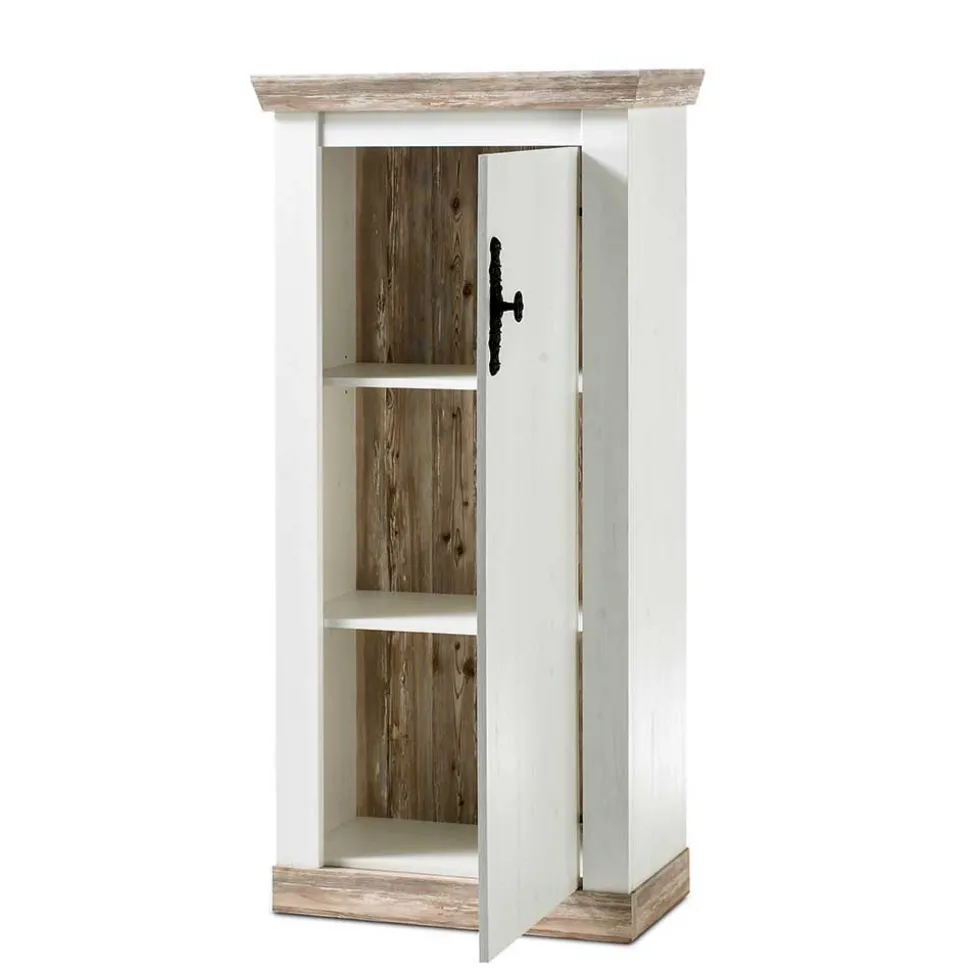 Schmales Highboard 1-türig Nedita in Weiß & Pinie Shabby Dekor