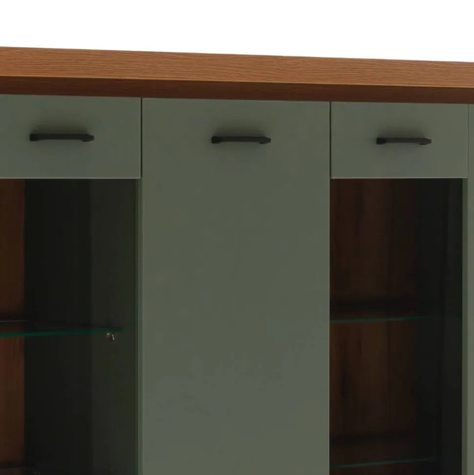 Schrank Vitrine in Graugrün und Eiche - Kwin